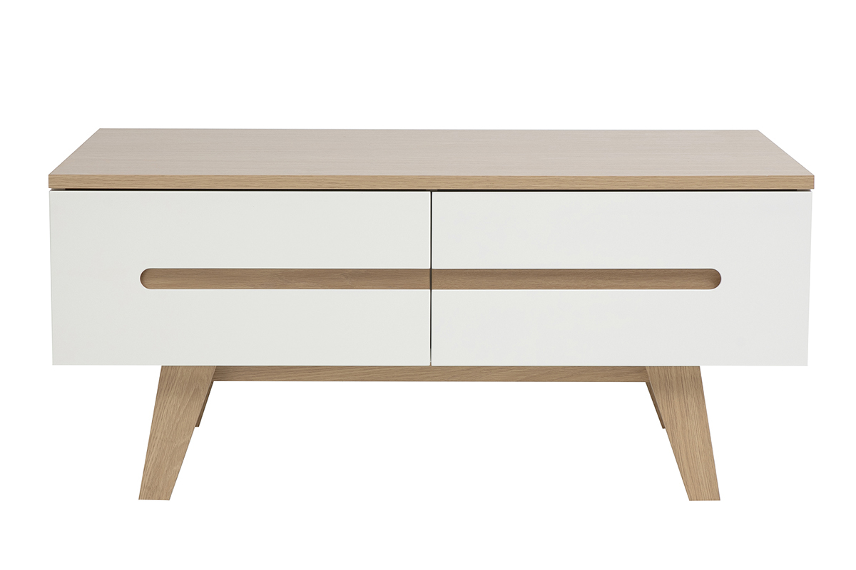 Mesa de centro MELKA lacada en blanco con acabado de madera clara, 4 cajones, vista frontal.