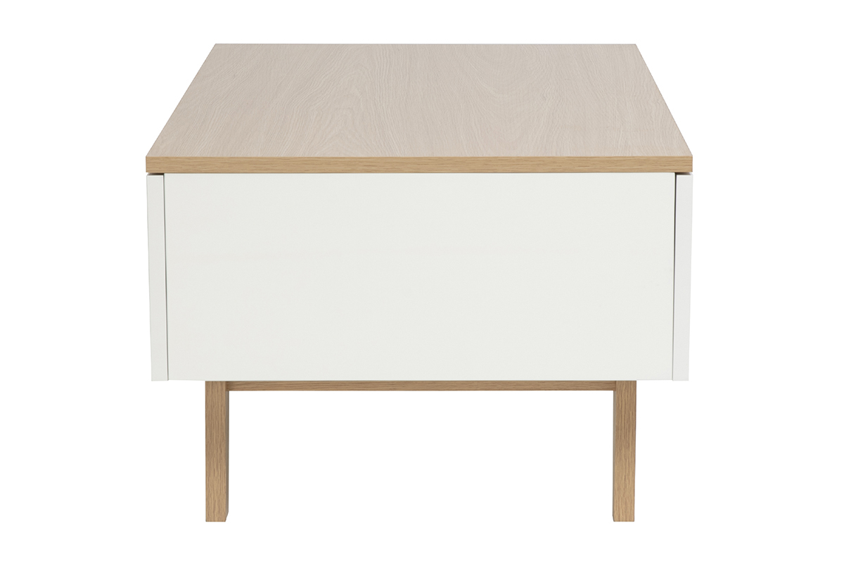 Mesa de centro blanca lacada brillante con tablero de madera clara y cuatro cajones, vista de perfil.