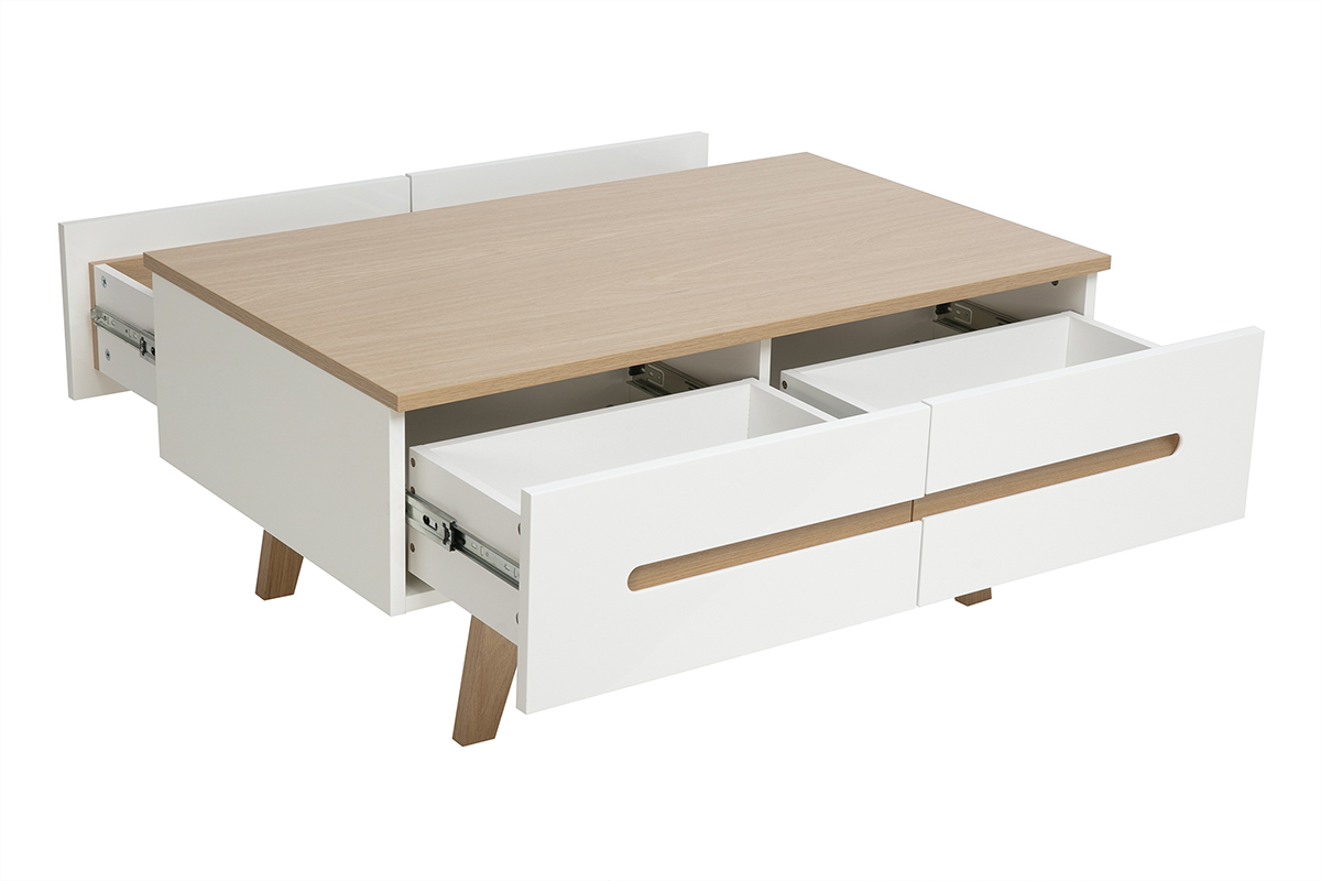 Mesa de centro rectangular blanca lacada brillante con acabado de madera clara y 4 cajones, vista en 3/4.