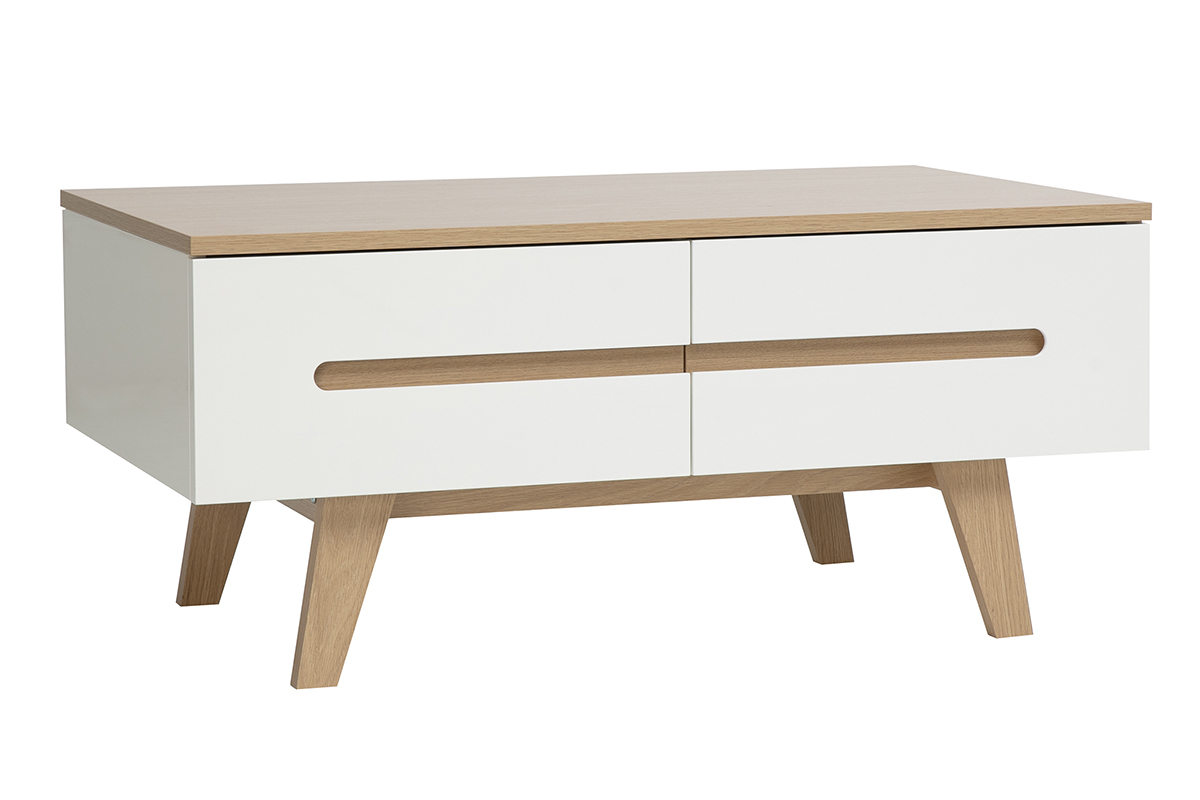 Mesa de centro lacada blanca con acabado de madera clara, cuatro cajones, vista de 3/4.