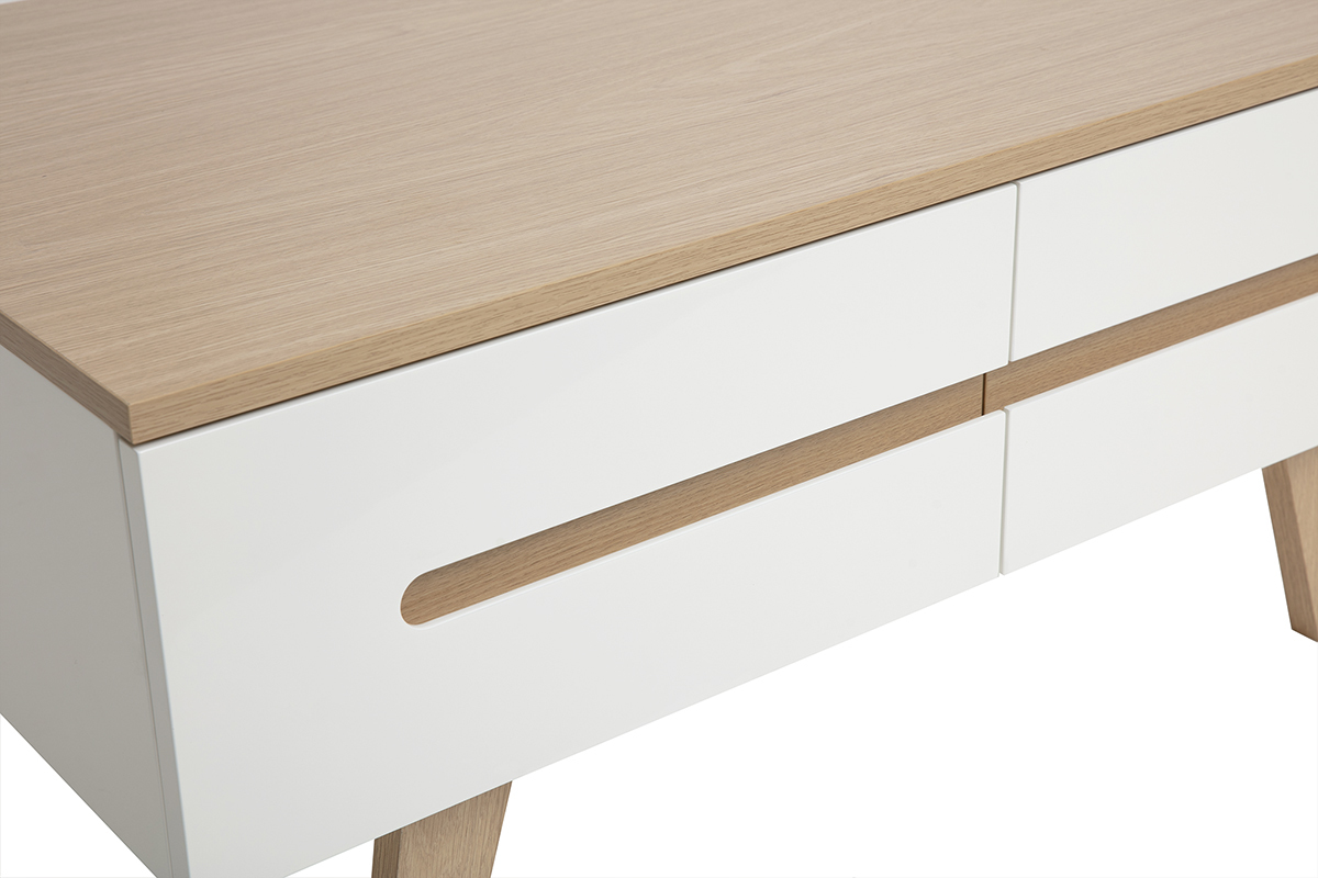 Mesa de centro blanca lacada con tapa de madera clara y cuatro cajones, vista en detalle