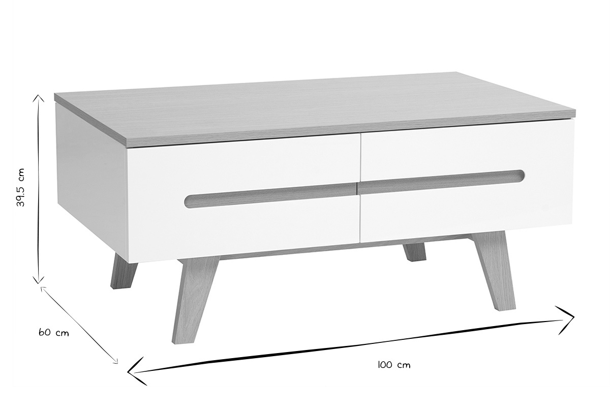 Mesa baja MELKA vista de frente con dimensiones en blanco y negro: L100 x P60 x H39,5 cm.