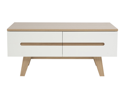 Mesa de centro blanca lacada brillante con acabado en madera clara 4 cajones L100 cm MELKA