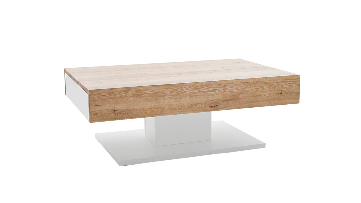 Mesa de centro blanco lacado y madera roble 2 cajones SCAB