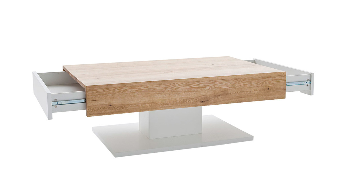 Mesa de centro blanco lacado y madera roble 2 cajones SCAB