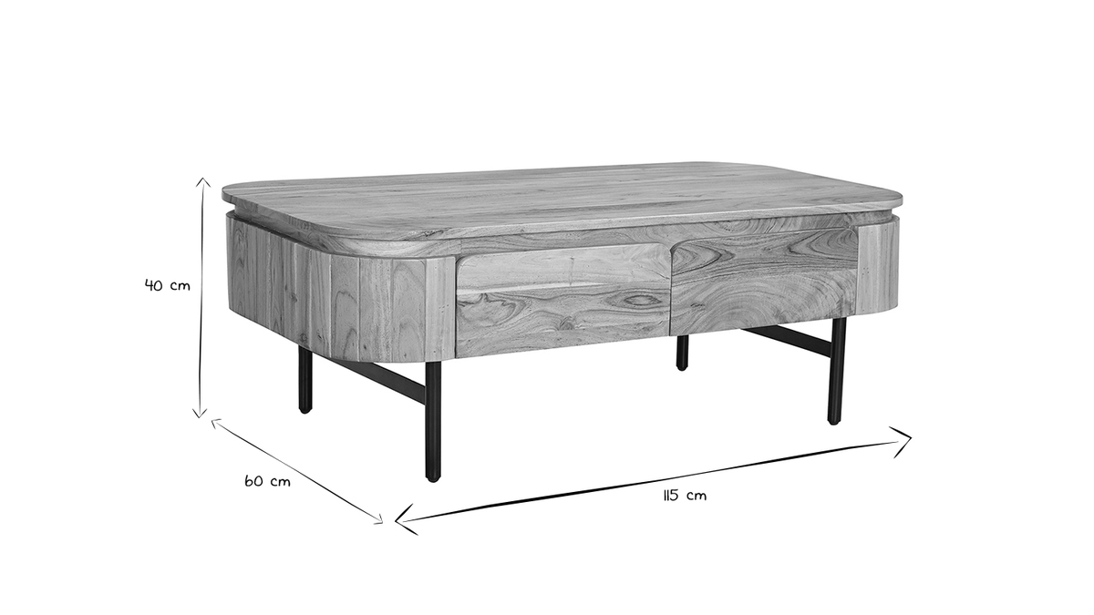 Mesa de centro con almacenaje de madera maciza y metal negro con 4 cajones 115 cm NAPOLI