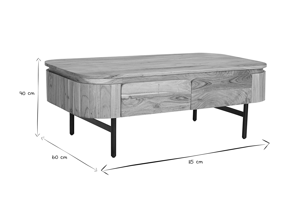 Mesa de centro con almacenaje de madera maciza y metal negro con 4 cajones 115 cm NAPOLI
