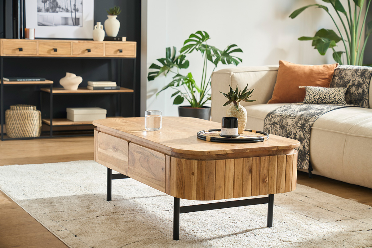 Mesa de centro con almacenaje de madera maciza y metal negro con 4 cajones 115 cm NAPOLI