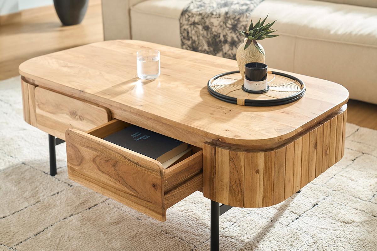 Mesa de centro con almacenaje de madera maciza y metal negro con 4 cajones 115 cm NAPOLI