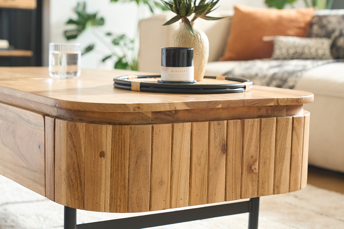 Mesa de centro con almacenaje de madera maciza y metal negro con 4 cajones 115 cm NAPOLI