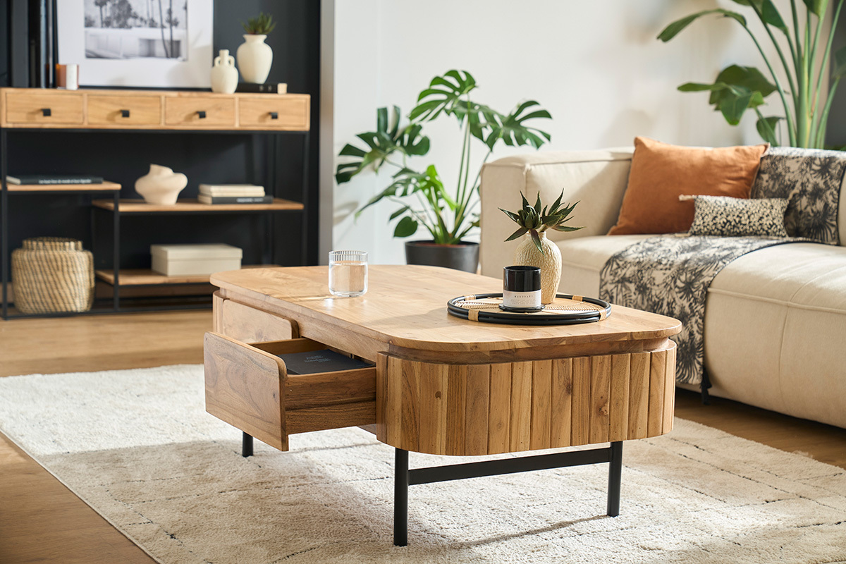 Mesa de centro con almacenaje de madera maciza y metal negro con 4 cajones 115 cm NAPOLI