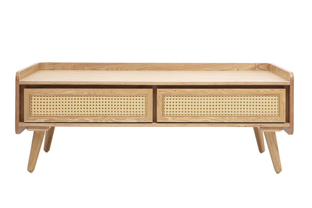 Mesa de centro rectangular de madera de fresno claro con cajones de rejilla de rat�n, vista frontal