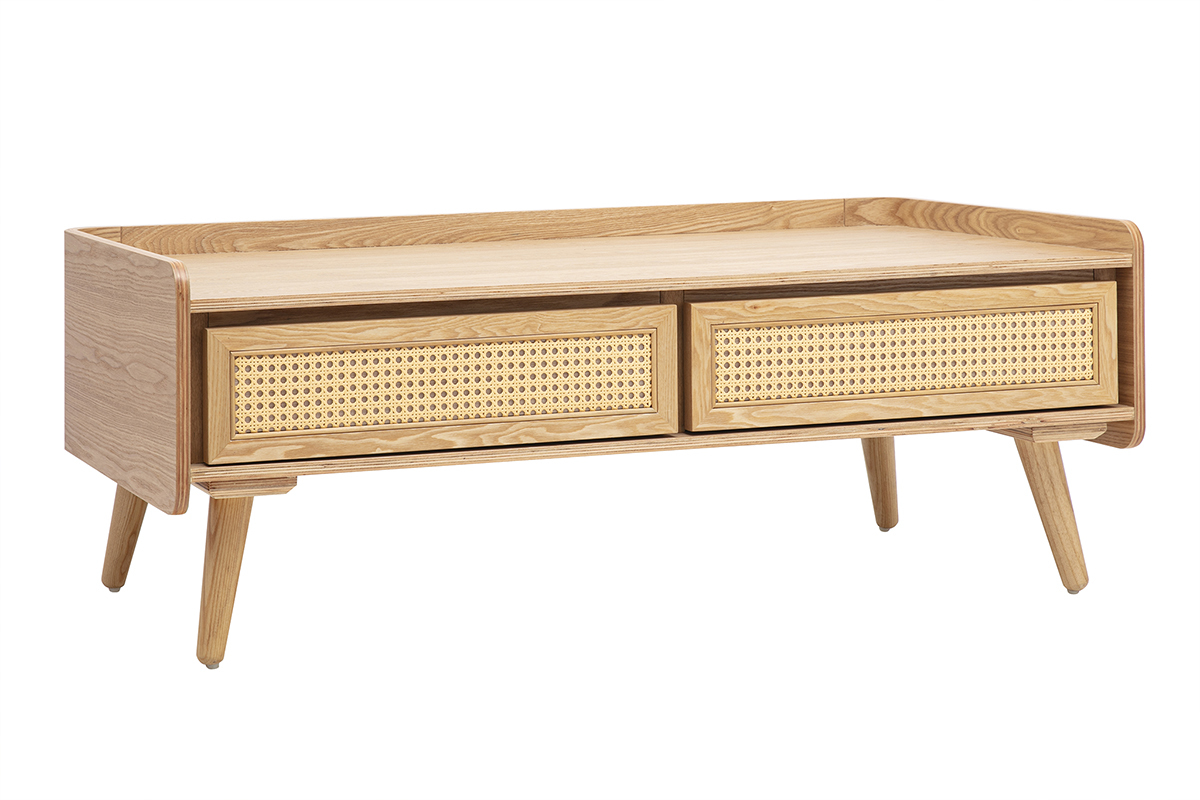 Mesa de centro rectangular de madera clara de fresno con dos cajones de rejilla de rat�n, vista en 3/4.