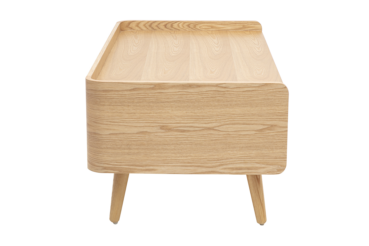 Mesa de centro rectangular de madera clara de fresno con almacenamiento y rejilla de rat�n, vista trasera.
