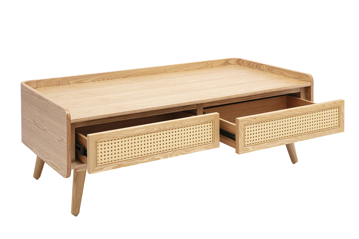 Mesa de centro rectangular de madera clara de fresno con dos cajones de rejilla de rat�n, vista de 3/4.
