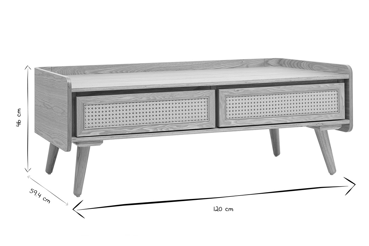 Dimensiones de la mesa de centro ELSY: L120 cm, H46 cm, P59,4 cm, en negro y blanco.