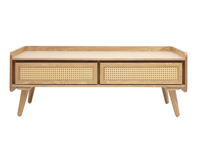 Mesa de centro con almacenaje en madera clara de fresno y rejilla de rat&aacute;n L120 cm ELSY