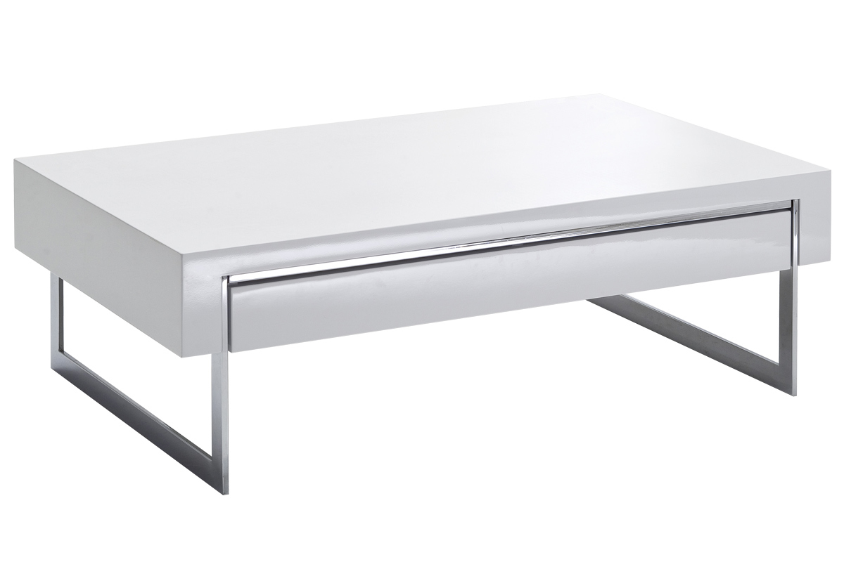Mesa de centro con cajn blanco lacado y metal cromado COOPER