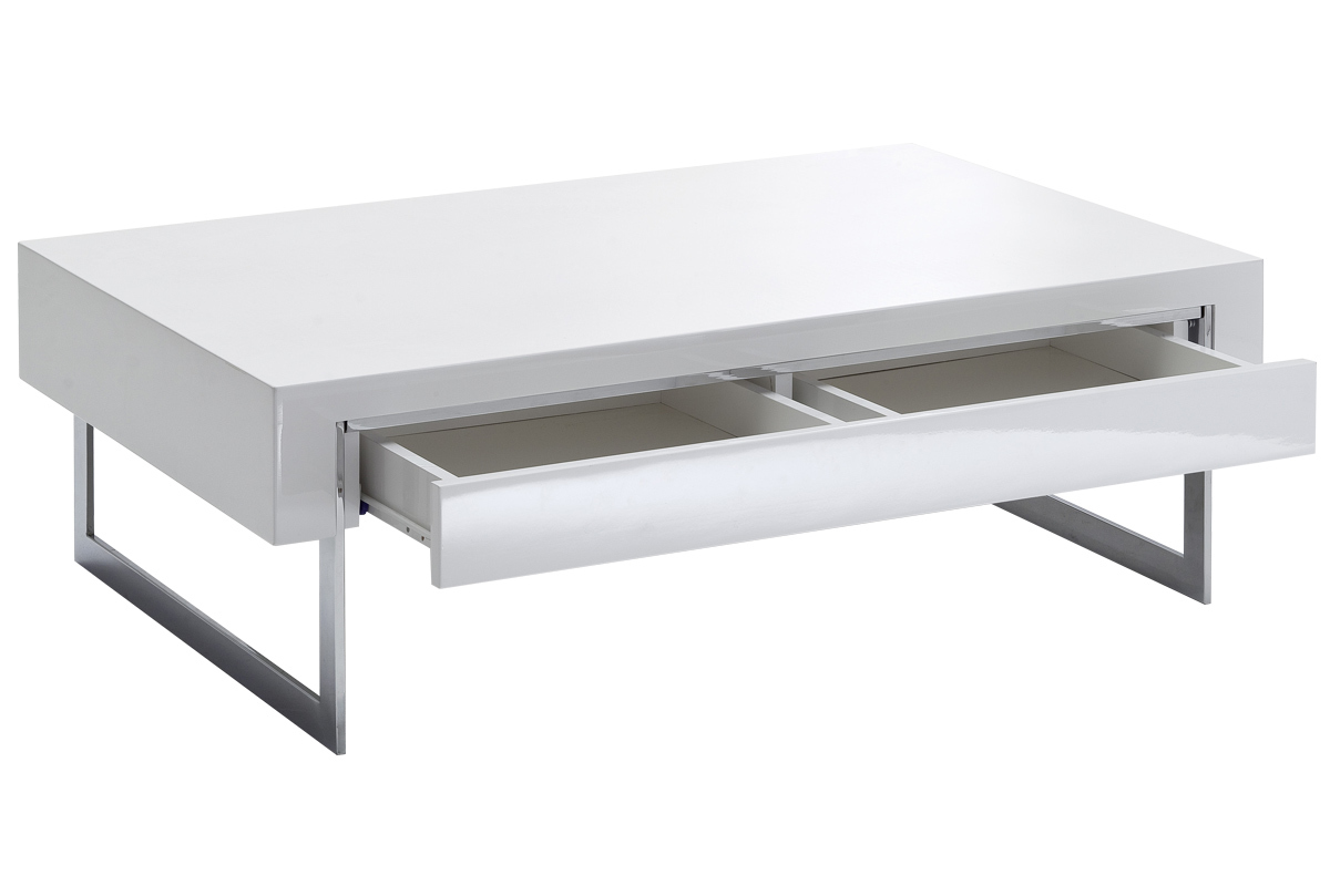 Mesa de centro con cajn blanco lacado y metal cromado COOPER