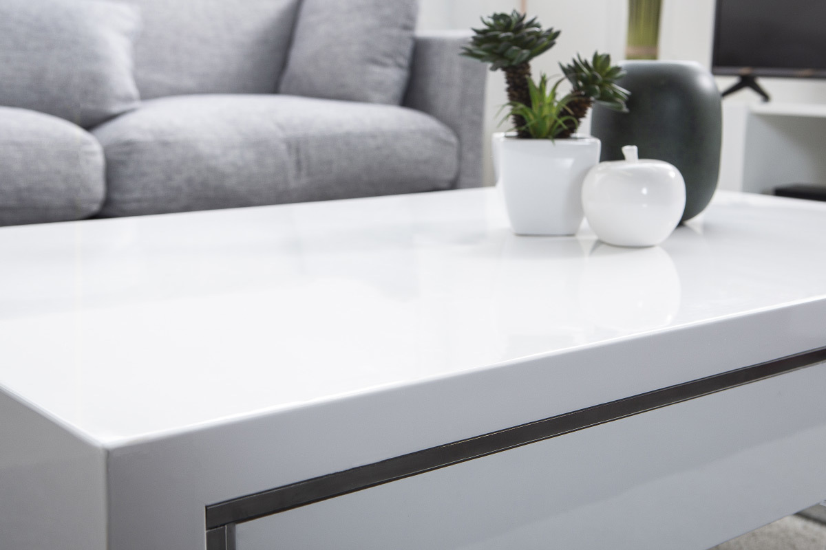 Mesa de centro con cajn blanco lacado y metal cromado COOPER