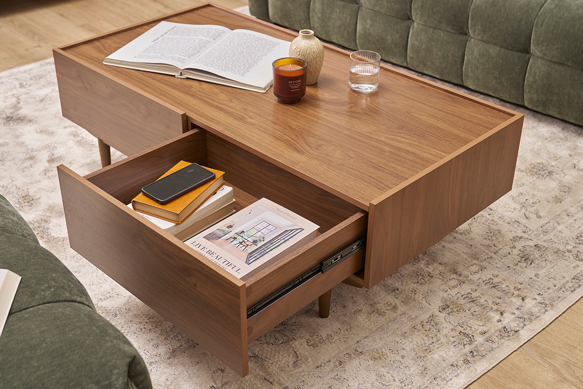 Mesa de centro con cajones de madera oscura 120 cm SANAA