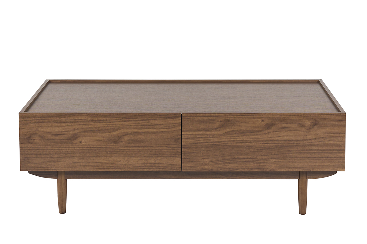 Mesa baja rectangular con 2 cajones en madera oscura de nogal, vista frontal.