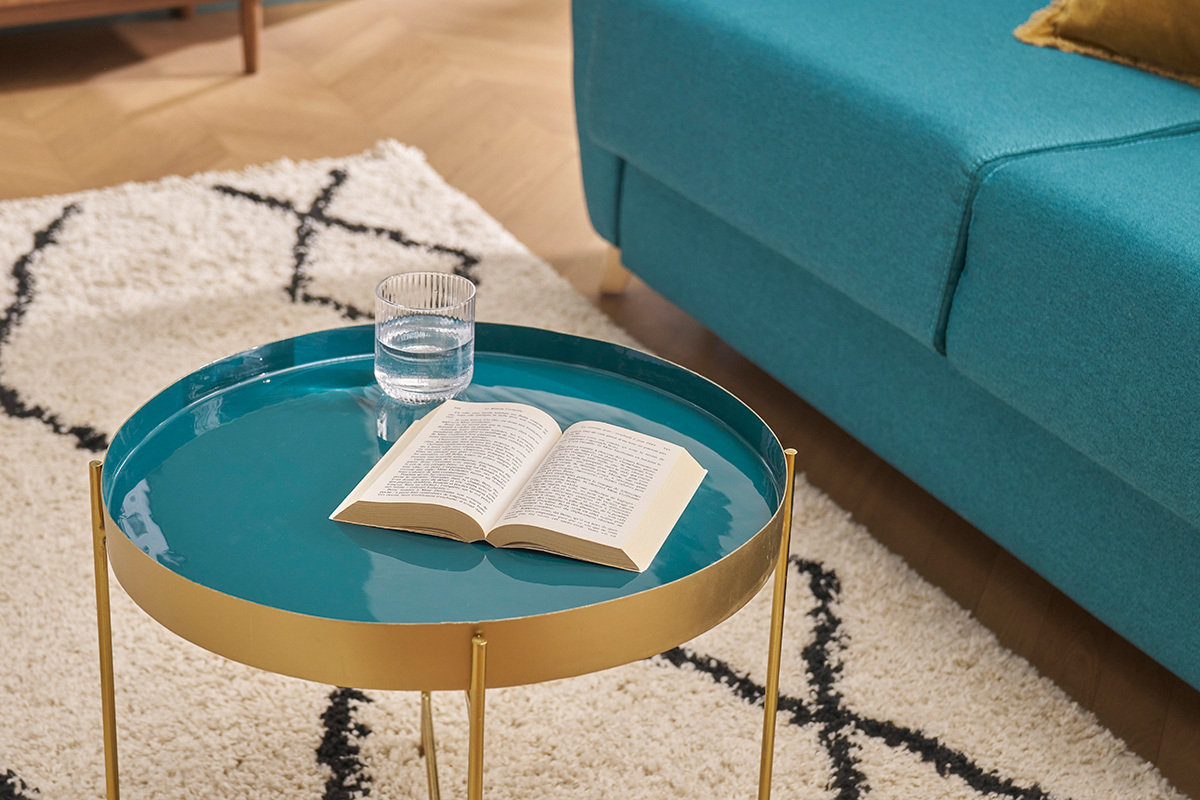 Mesa de centro con tablero reversible azul petrleo y blanco SATEEN