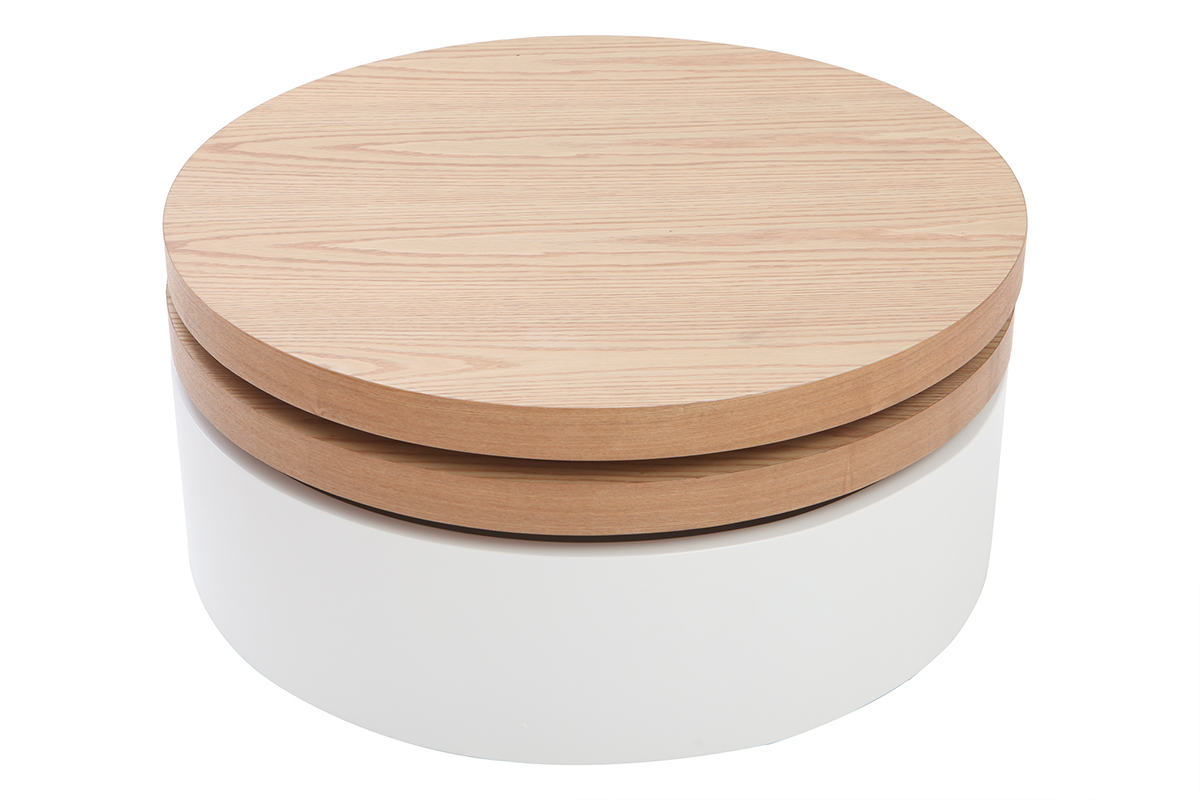 Mesa de centro con tableros pivotantes y almacenaje blanca y madera ICON
