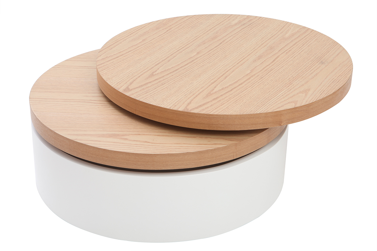 Mesa de centro con tableros pivotantes y almacenaje blanca y madera ICON
