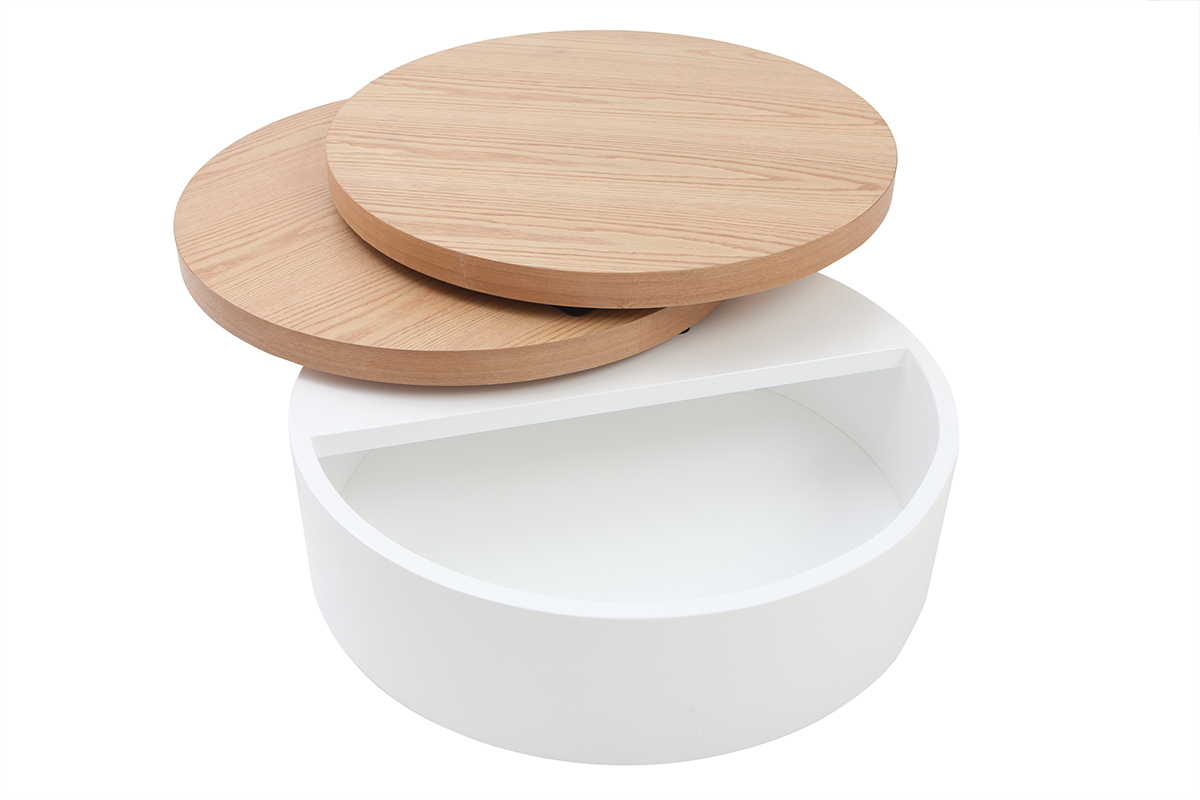 Mesa de centro con tableros pivotantes y almacenaje blanca y madera ICON