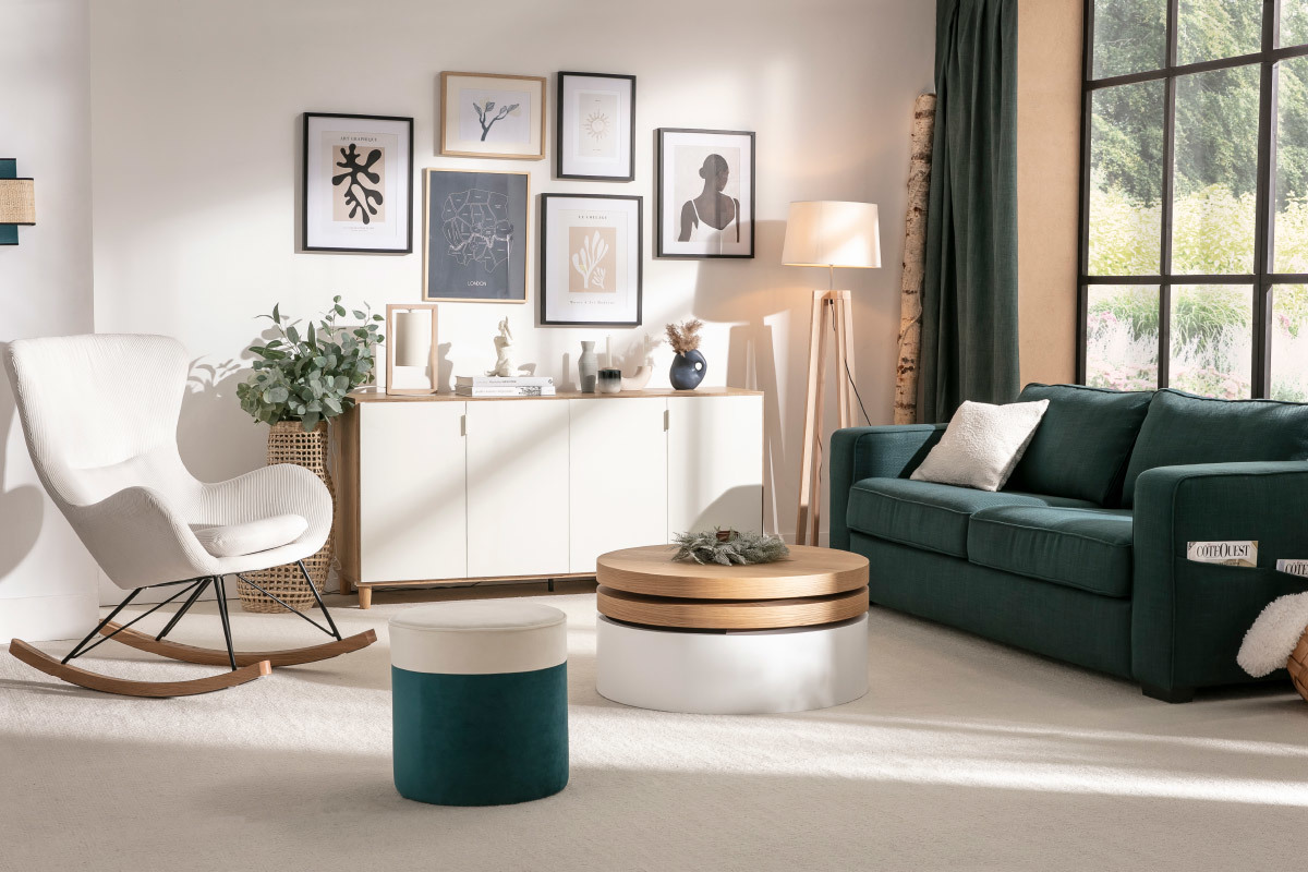 Mesa de centro con tableros pivotantes y almacenaje blanca y madera ICON