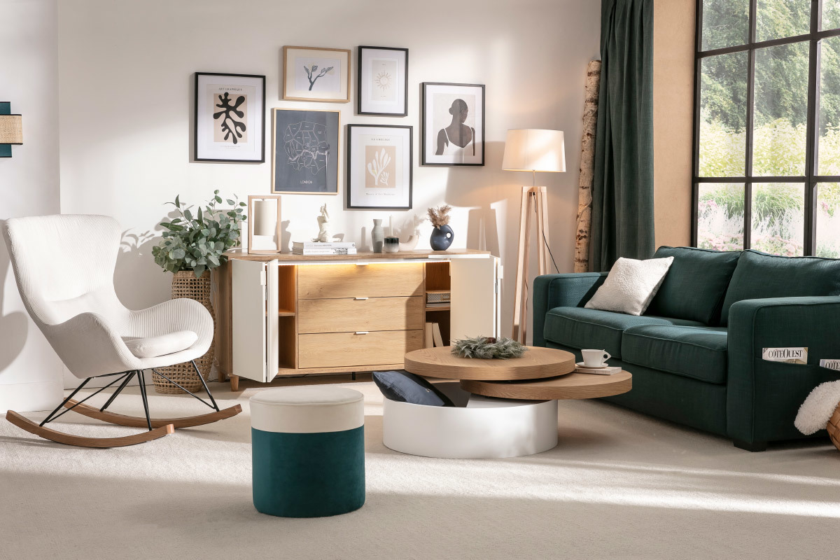 Mesa de centro con tableros pivotantes y almacenaje blanca y madera ICON