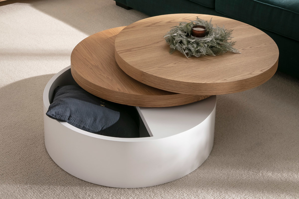 Mesa de centro con tableros pivotantes y almacenaje blanca y madera ICON