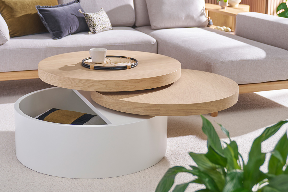 Mesa de centro con tableros pivotantes y almacenaje blanca y madera ICON