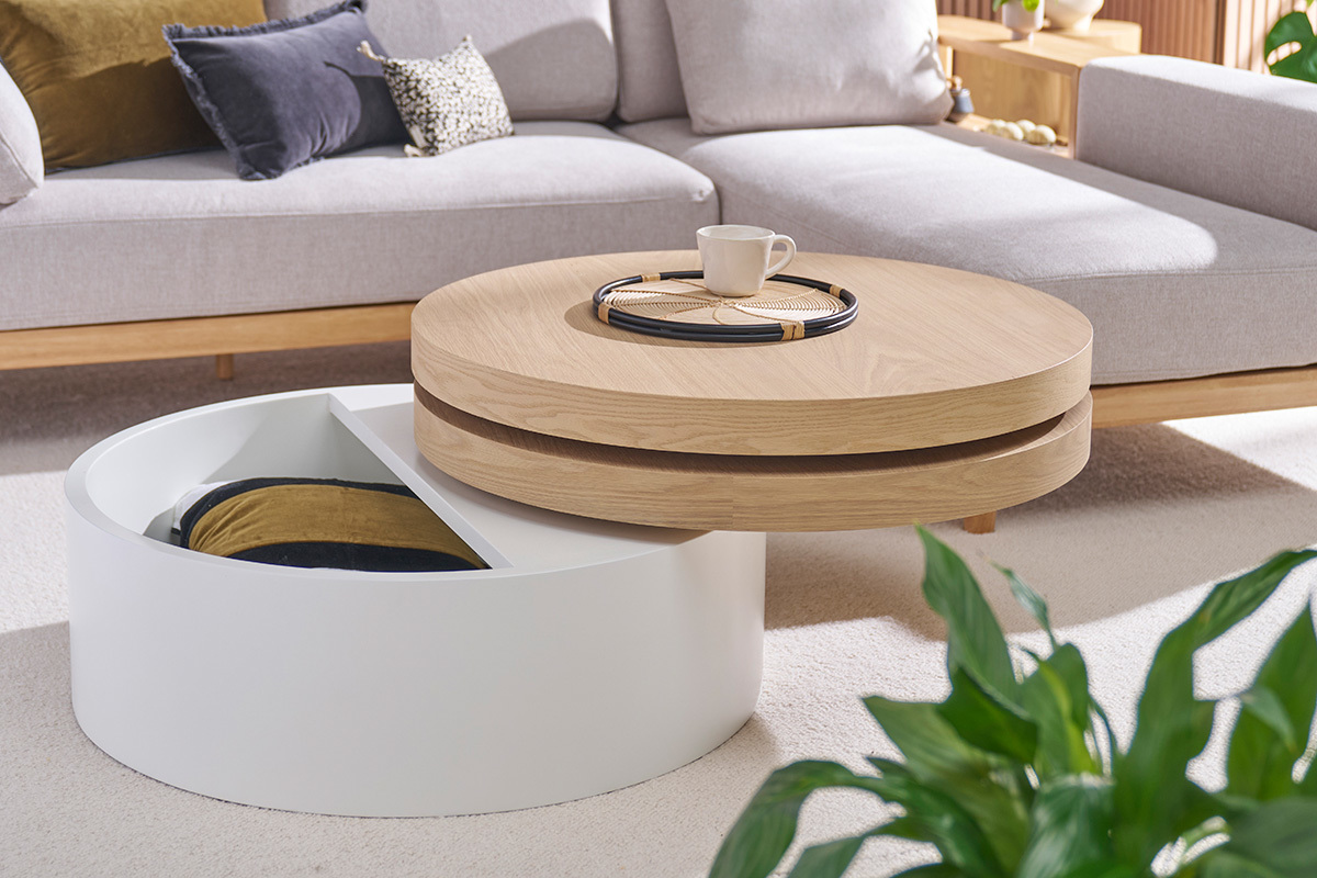 Mesa de centro con tableros pivotantes y almacenaje blanca y madera ICON