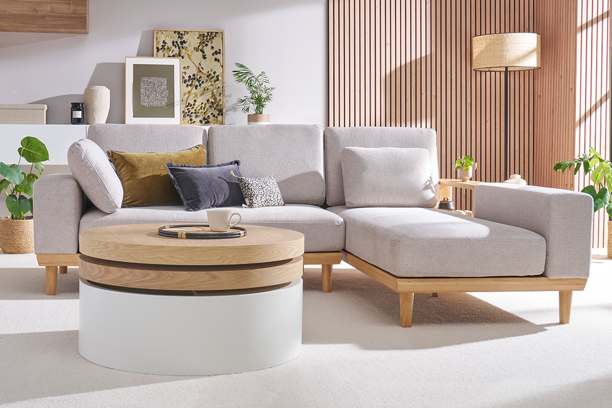 Mesa de centro con tableros pivotantes y almacenaje blanca y madera ICON