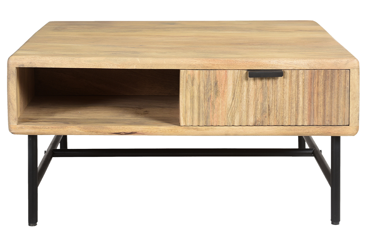 Mesa de centro cuadrada con 2 cajones de madera maciza de mango 80 cm MORISSON