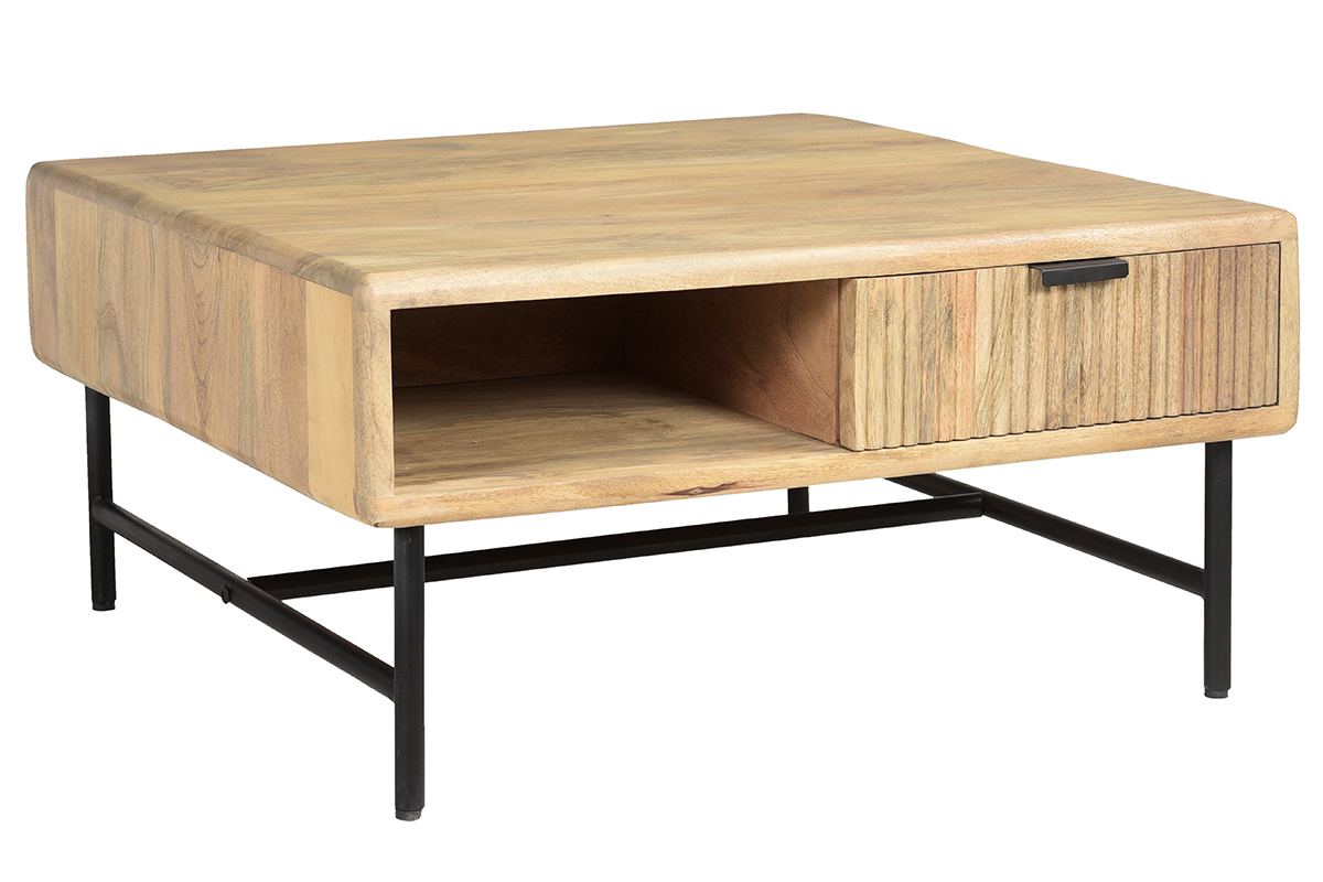Mesa de centro cuadrada con 2 cajones de madera maciza de mango 80 cm MORISSON