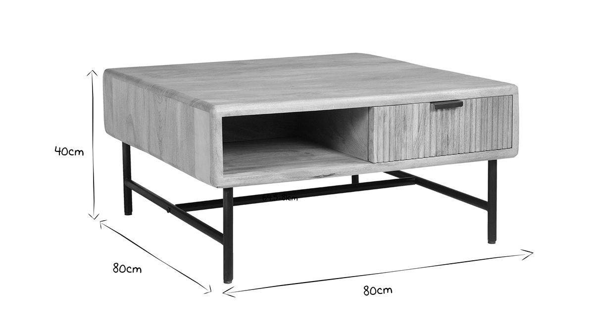 Mesa de centro cuadrada con 2 cajones de madera maciza de mango 80 cm MORISSON