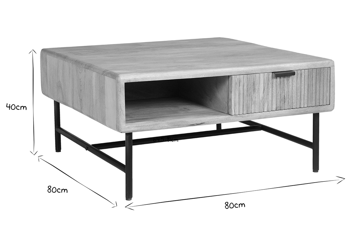 Mesa de centro cuadrada con 2 cajones de madera maciza de mango 80 cm MORISSON