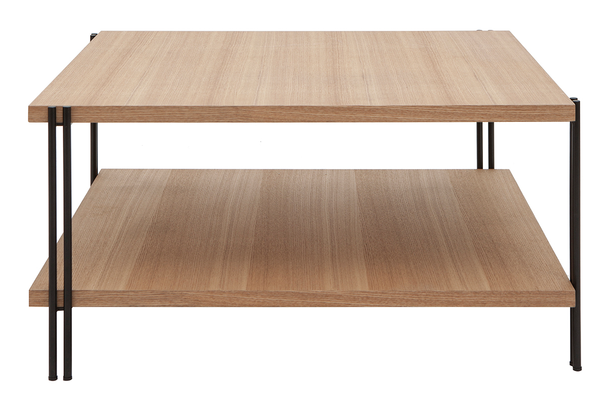 Mesa de centro cuadrada con doble tablero de madera clara y metal negro HARLAN