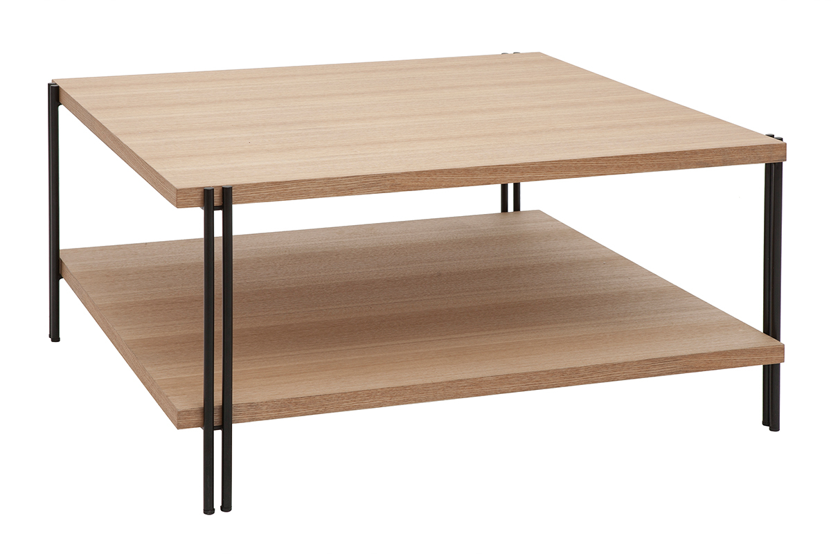 Mesa de centro cuadrada con doble tablero de madera clara y metal negro HARLAN