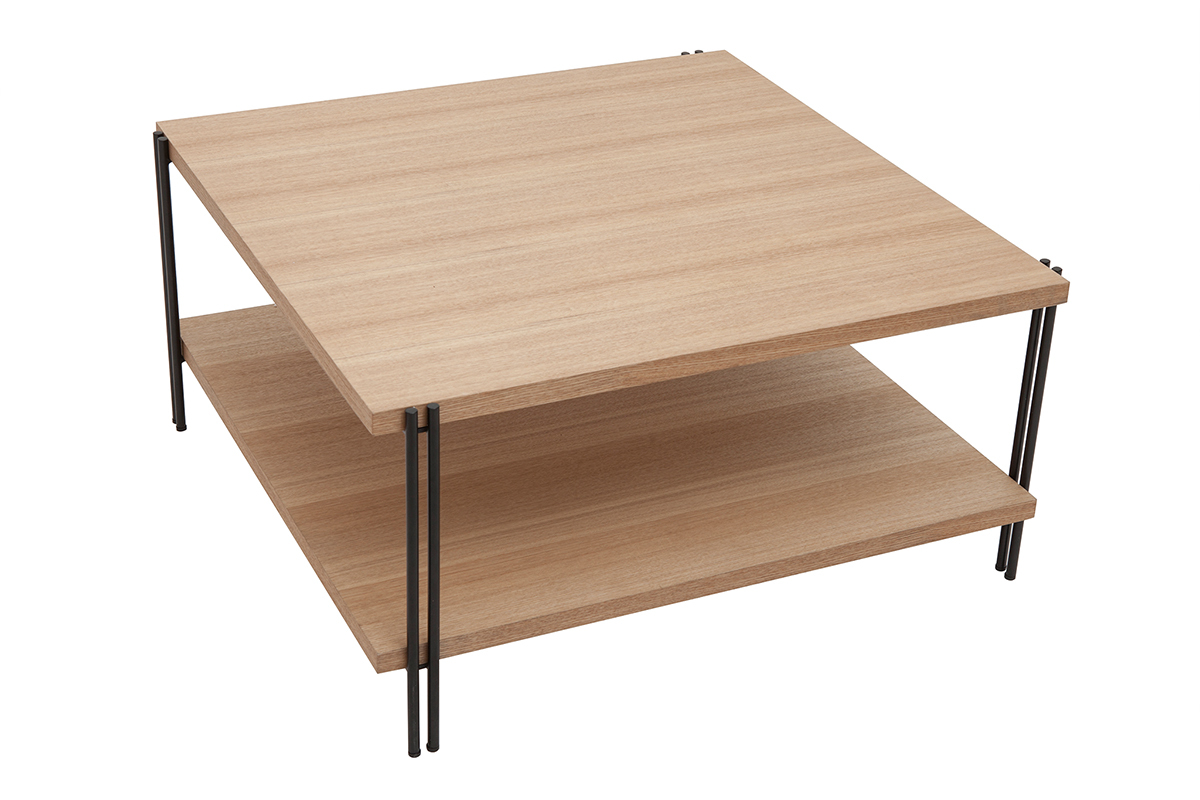 Mesa de centro cuadrada con doble tablero de madera clara y metal negro HARLAN