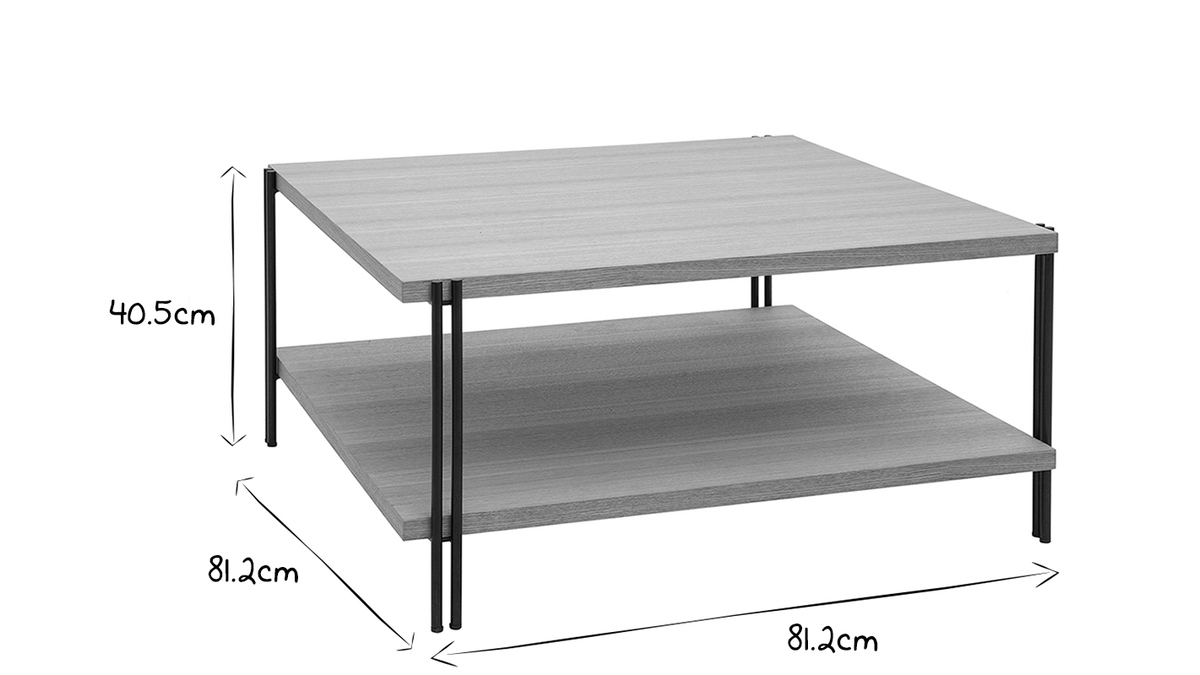 Mesa de centro cuadrada con doble tablero de madera clara y metal negro HARLAN