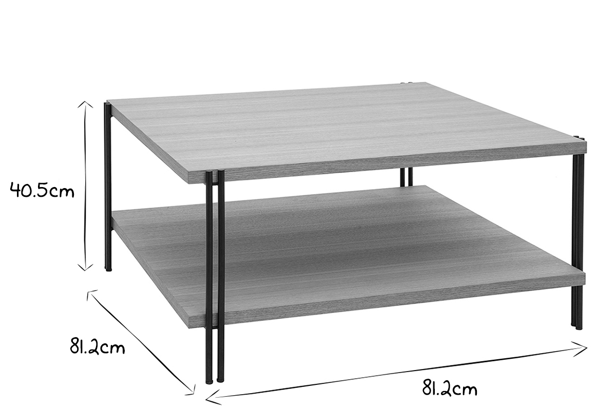 Mesa de centro cuadrada con doble tablero de madera clara y metal negro HARLAN