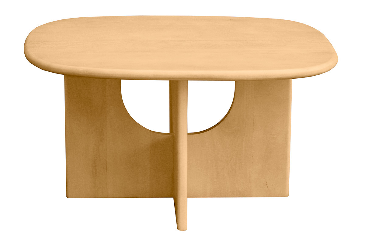 Mesa de centro cuadrada de madera clara de mango macizo, vista frontal con bordes redondeados.