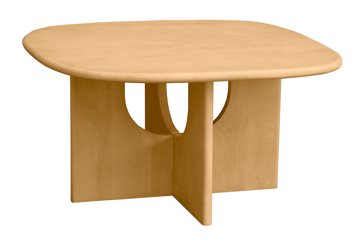 Mesa de centro cuadrada de mango macizo, dise�o limpio con bordes redondeados, vista en 3/4.