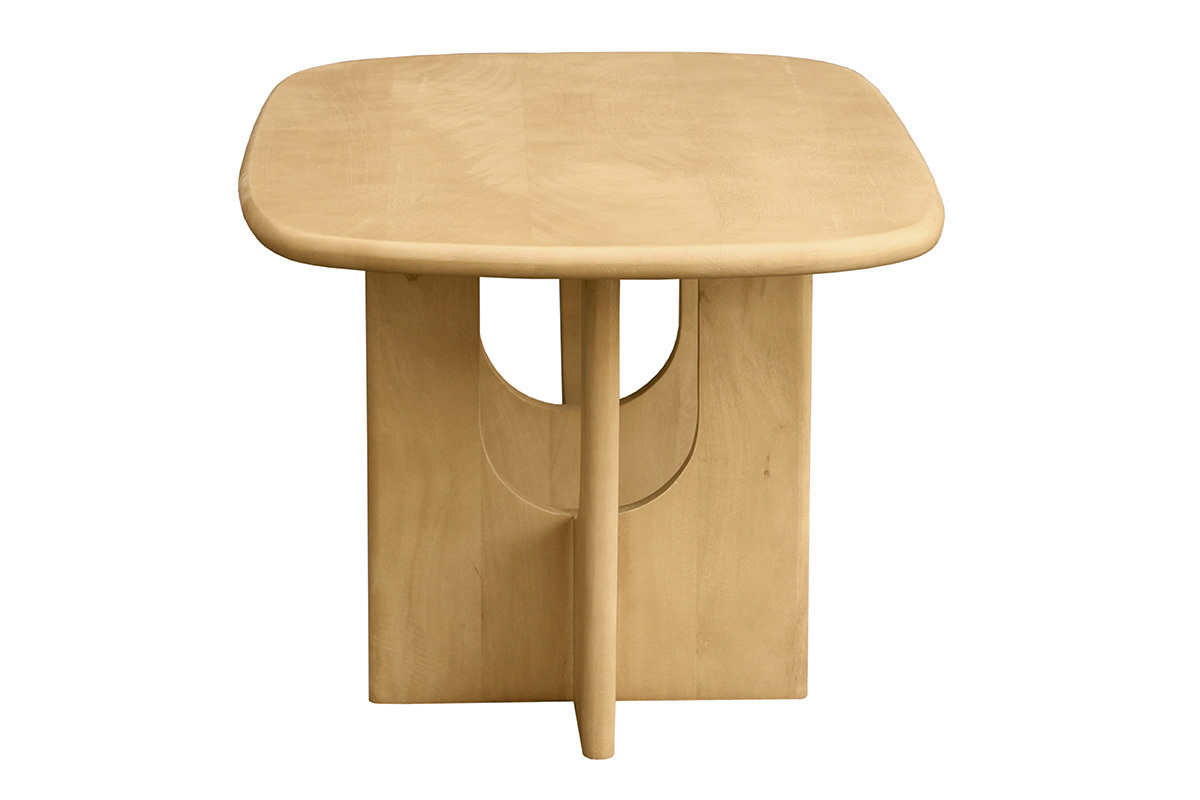 Mesa de centro rectangular de madera de mango maciza, vista de perfil, con bordes redondeados y base �nica.