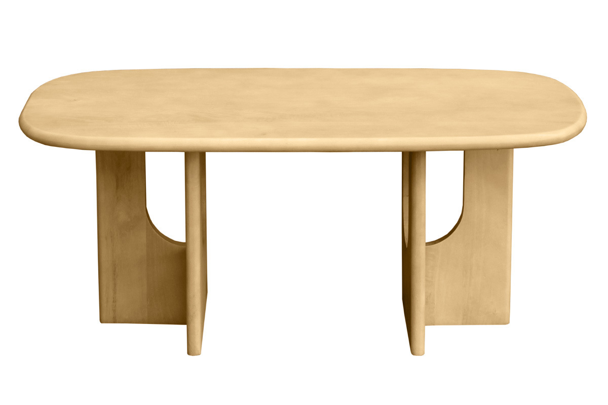 Mesa de centro de dise�o en madera maciza de mango, forma rectangular con bordes redondeados, vista frontal.