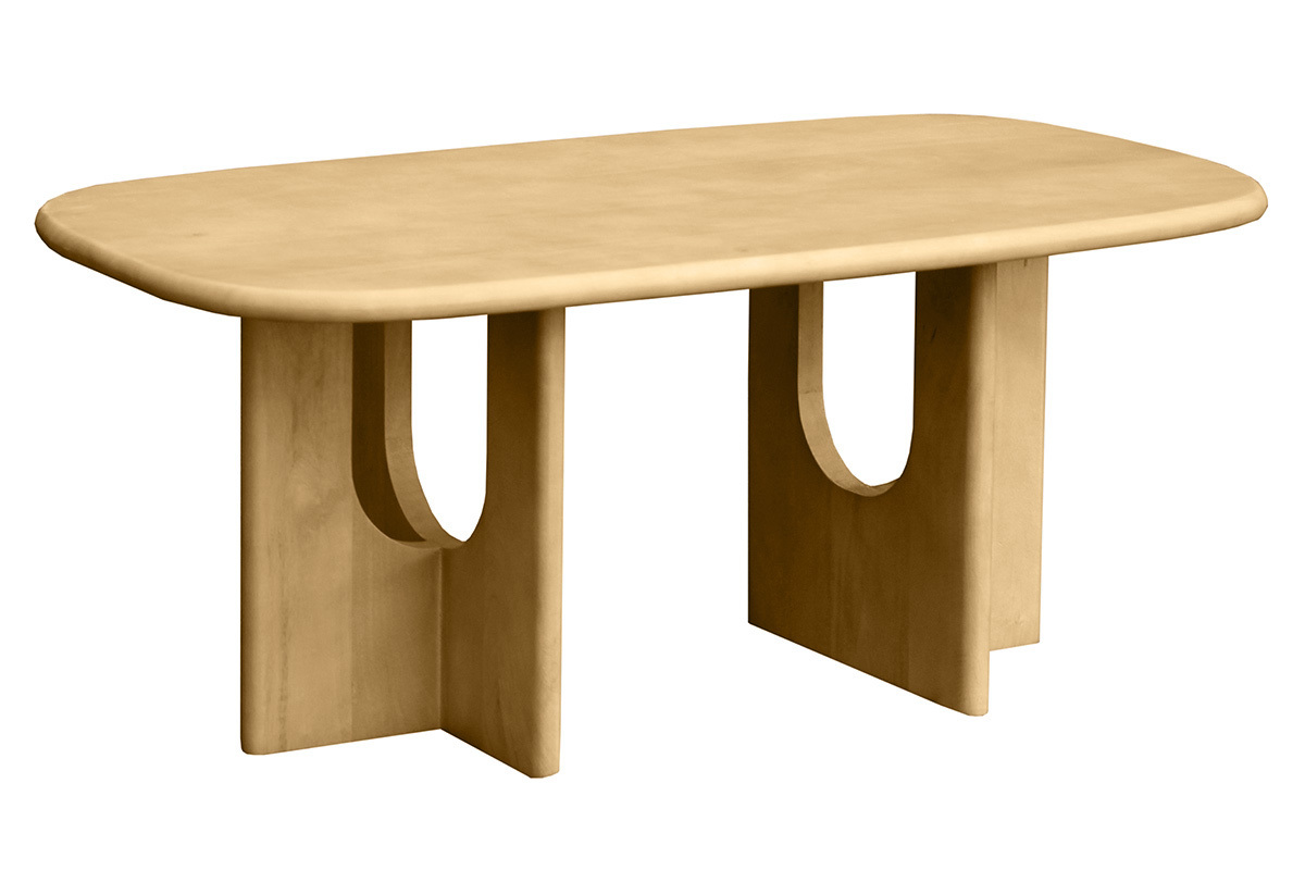 Mesa de centro de dise�o en madera clara de mango maciza, de forma rectangular con bordes redondeados, vista en 3/4.